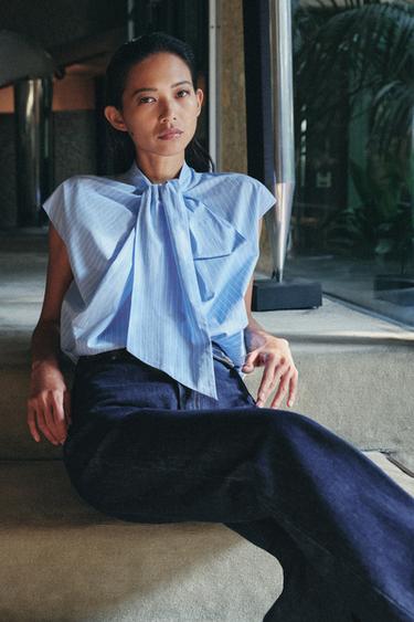 Zara ZW COLLECTION STRIPED SHIRT WITH TIES - White / Sky blue