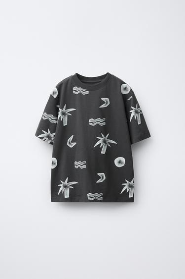 PALM TREE PRINT T-SHIRT - Anthracite grey by Zara - Image 0