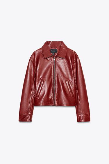 Zara ZIPPERED LEATHER JACKET - Maroon