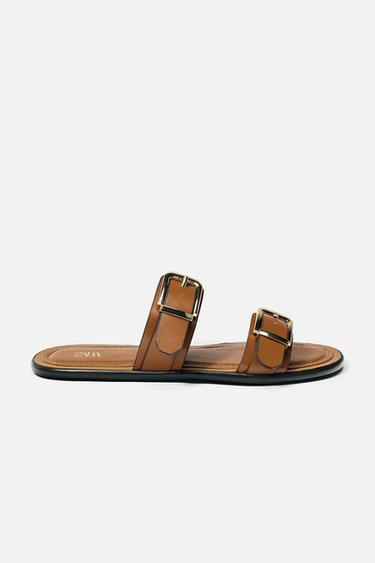 Zara FLAT DOUBLE STRAP BUCKLE SANDALS - Brown