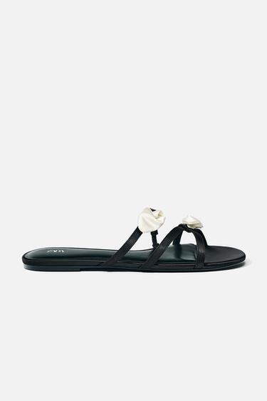 SATIN-EFFECT FLORAL SANDALS - Black by Zara