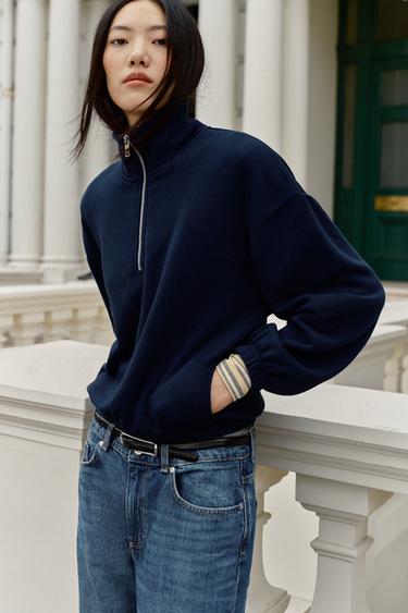 Zara METALLIC ZIPPER SWEATSHIRT - Navy blue