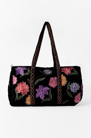 Zara QUILTED VELVET BAG WITH EMBROIDERED FLOWERS - Black