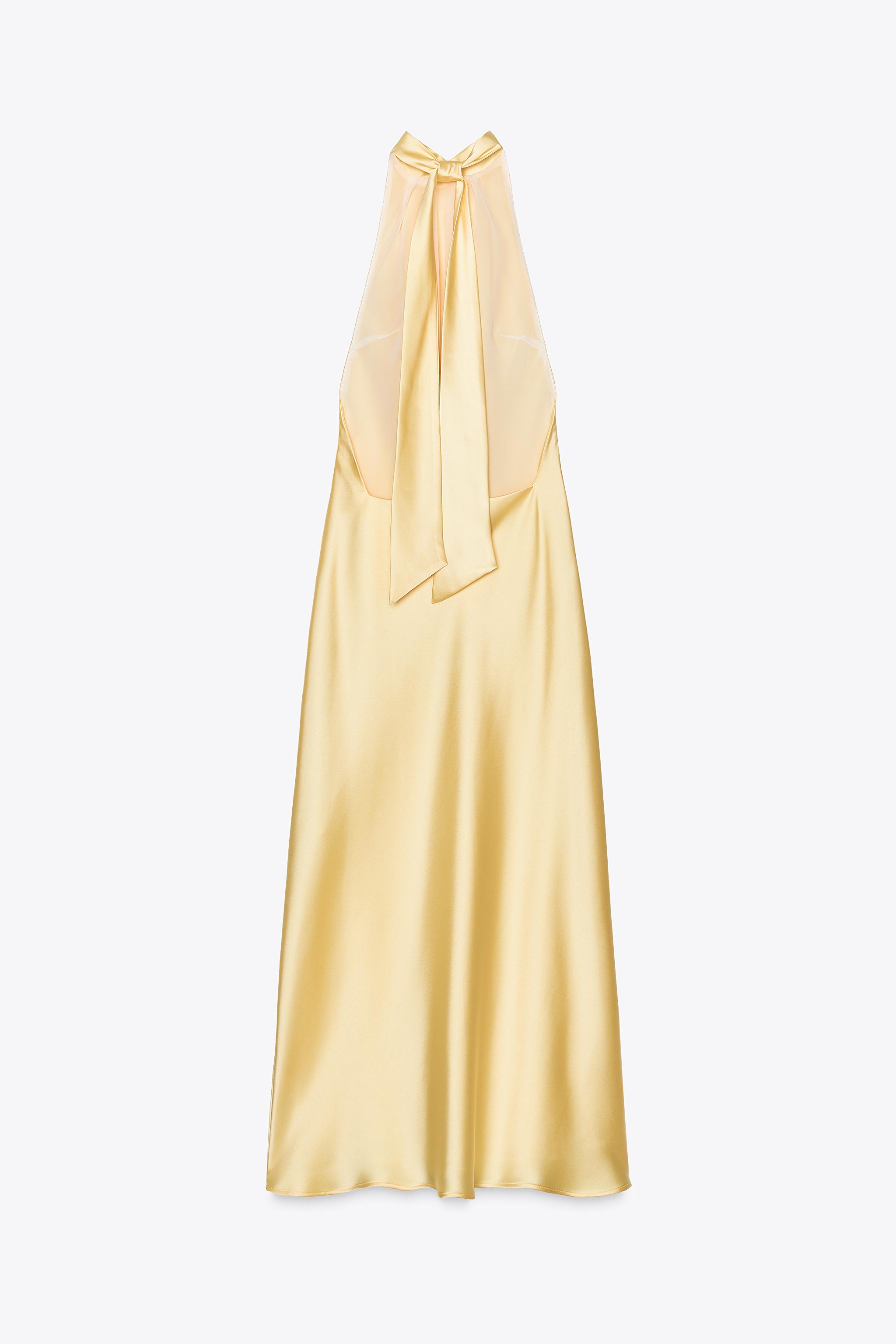 ZARA サテン地ホルターネックミディ丈ワンピース 3592/399 サテン地ホルターネックミディ丈ワンピース - イエロー | ZARA