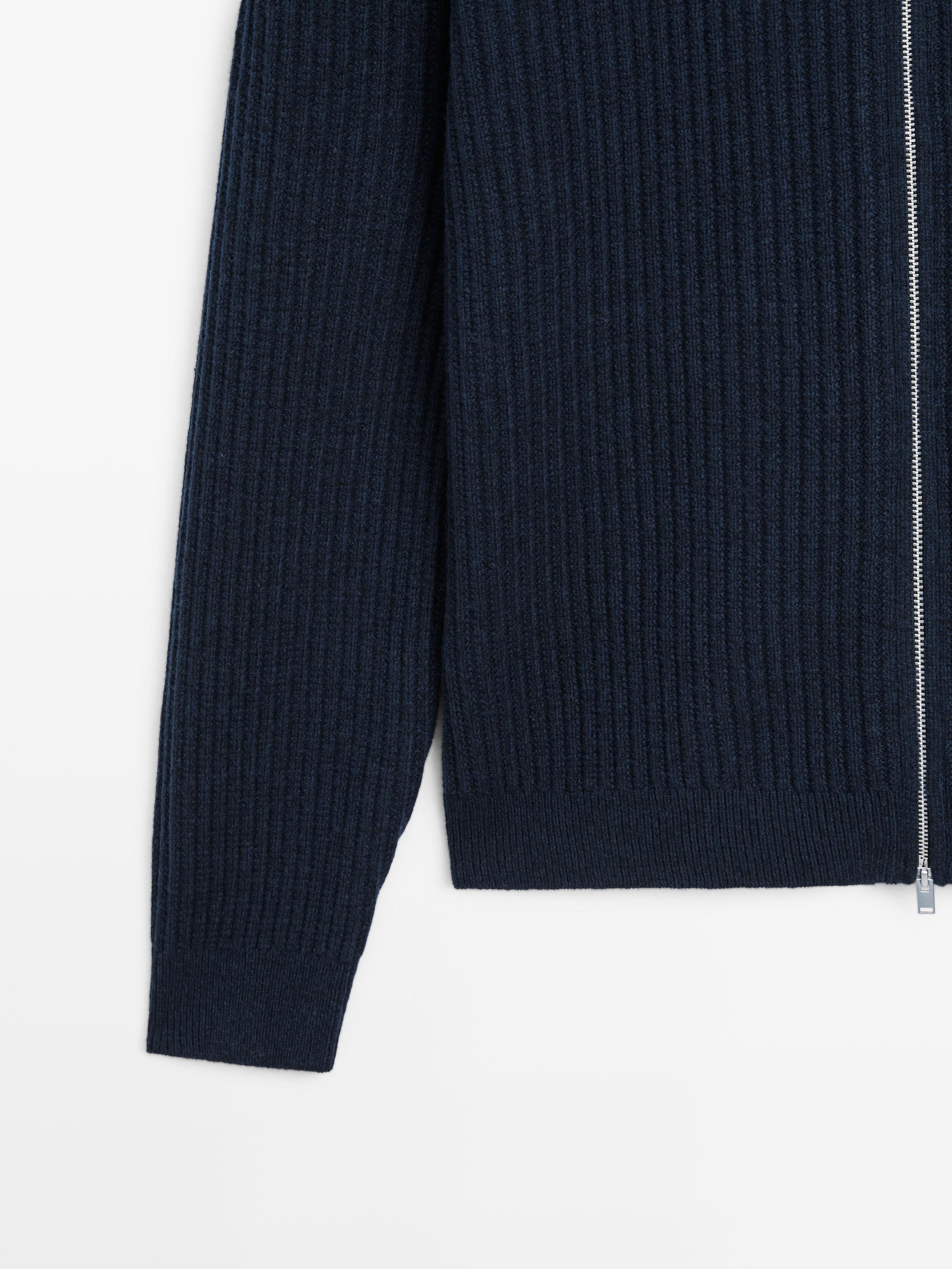 Cardigan côtelé zippé en coton et laine