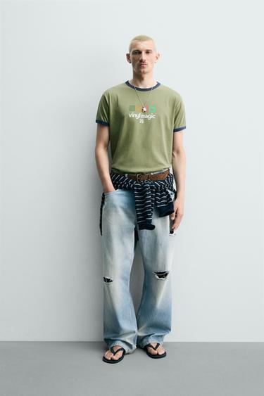 Zara WASHED PRINT CONTRAST RIB T-SHIRT - Khaki - Image 0