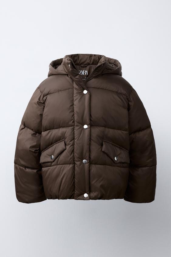 WATER-REPELLENT HOODED PUFFER COAT - Brown by Zara - Image 0