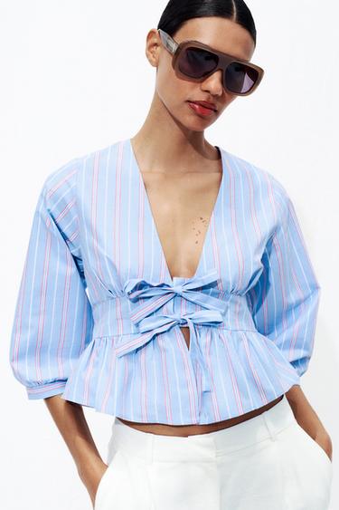 CHEMISE À RAYURES ET LACETS - Bleu / Blanc de Zara - Image 1