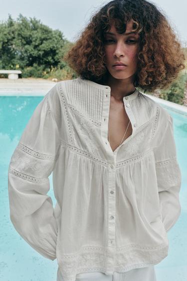 ZW COLLECTION ROMANTIC EMBROIDERED BLOUSE - Ecru by Zara - Image 1