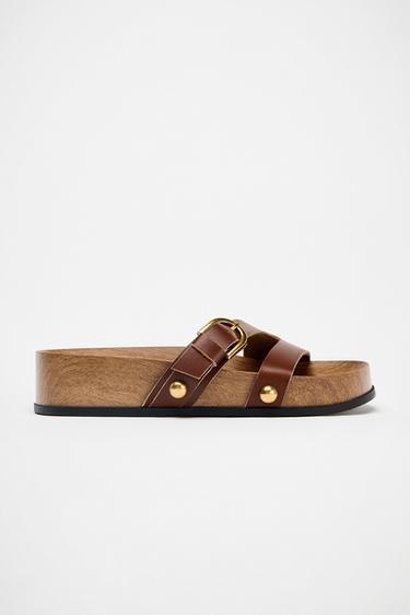 SANDALIA PLATAFORMA TIRAS PIEL - Marrón de Zara