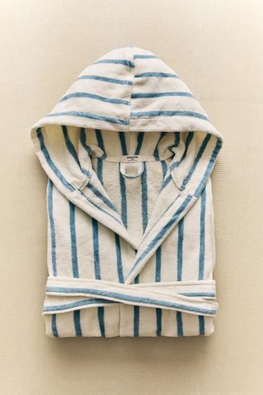 Zaras STOR BADROCK I VELOUR MED RÄNDER - Blå/vit