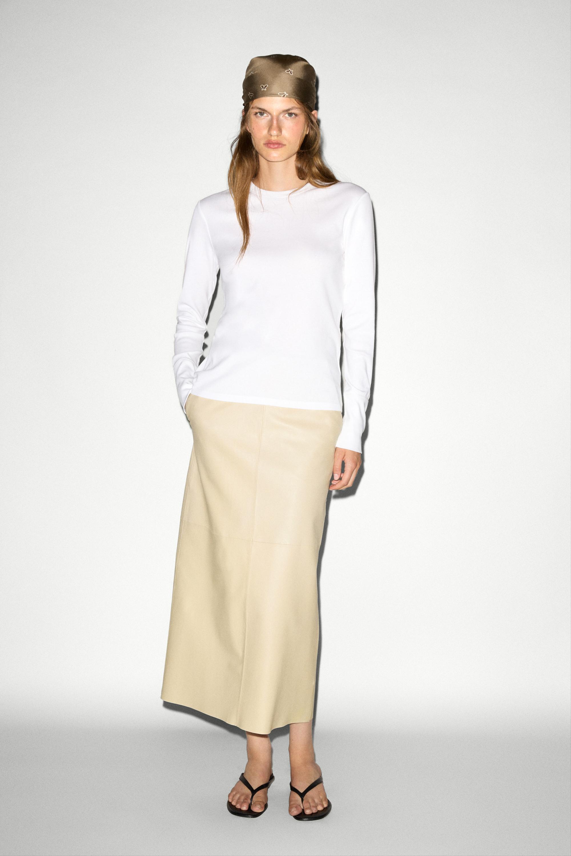 Jupe midi en cuir nappa