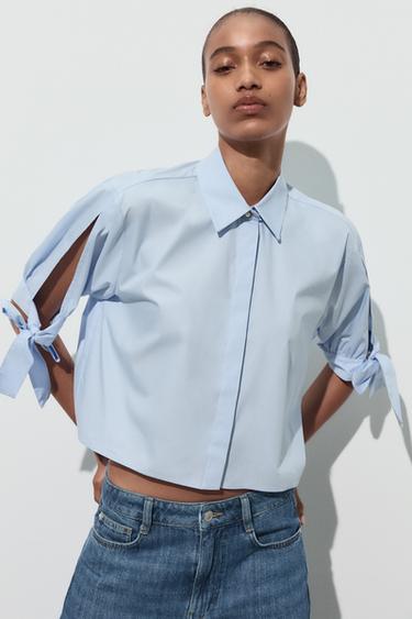 CAMISA POPELÍN LAZOS - Azul claro de Zara