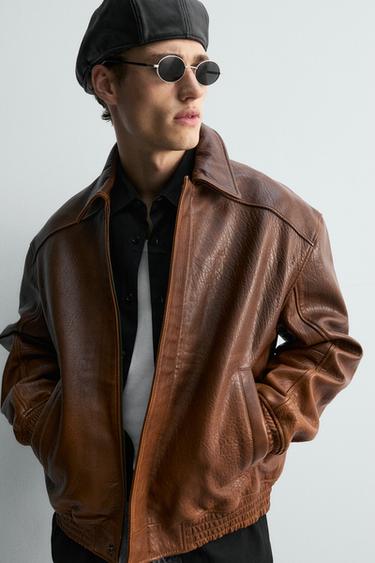 BLOUSON EN CUIR EFFET VINTAGE ÉDITION LIMITÉE - Cognac de Zara - Image 4