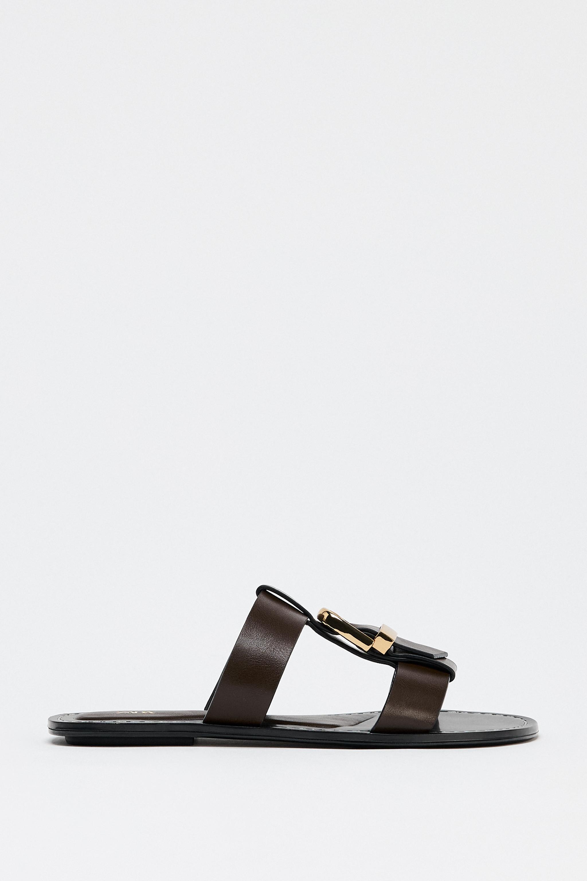 DOUBLE STRAP BUCKLE FLAT SANDALS - Brown | ZARA United States