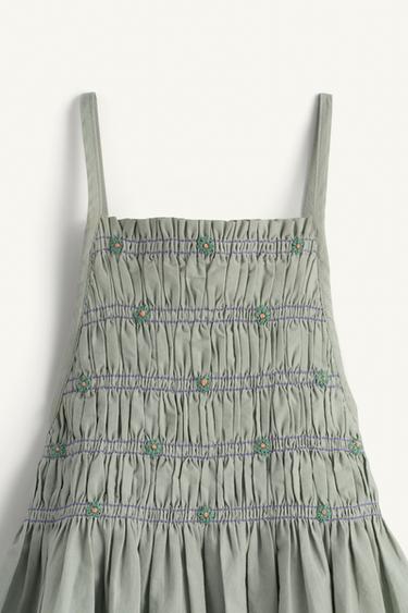 LIMITED EDITION EMBROIDERED FLORAL SHIRRED PINAFORE DRESS - Blue / Green by Zara - Image 6