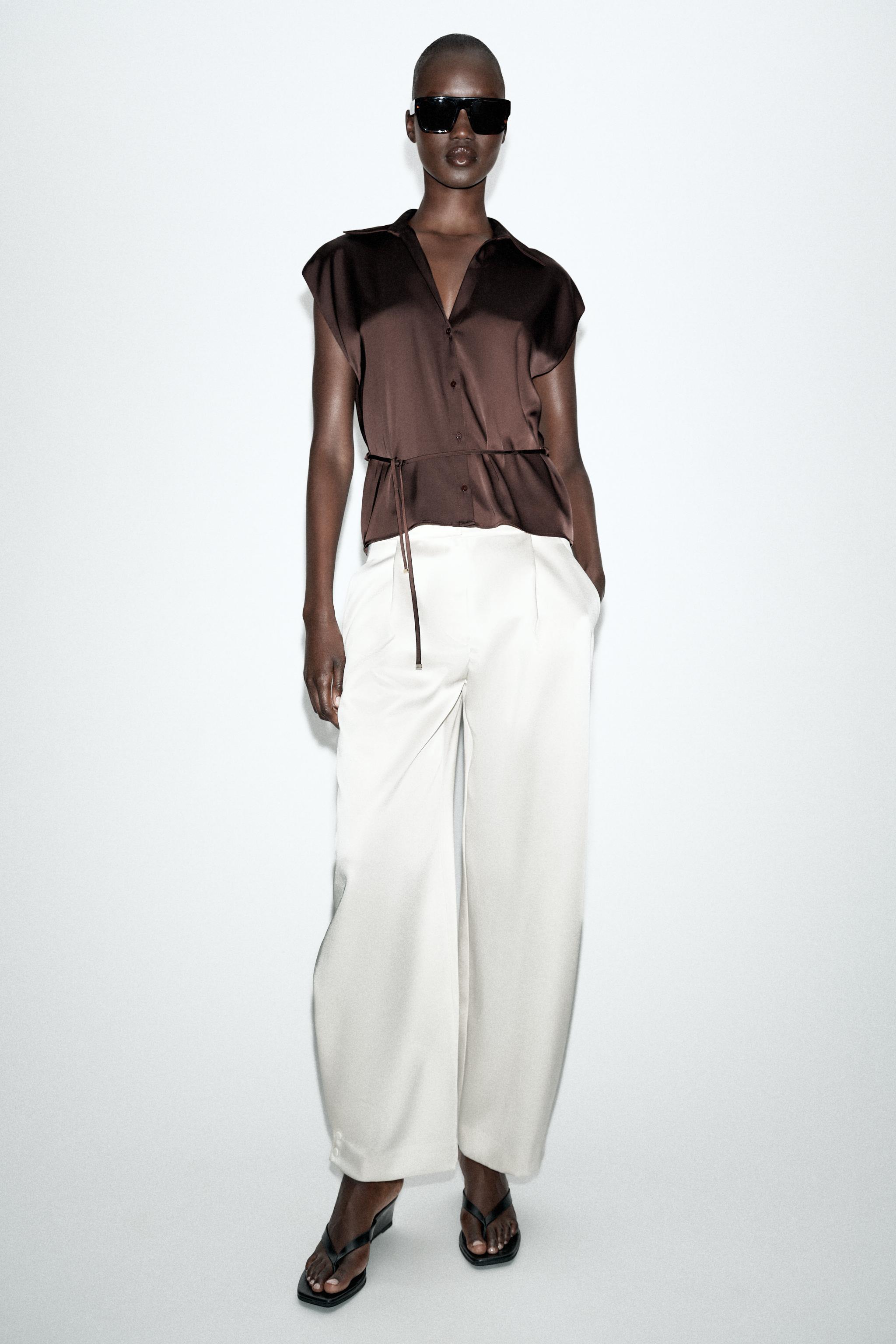 BELTED SATIN EFFECT SLEEVELESS SHIRT — Brown