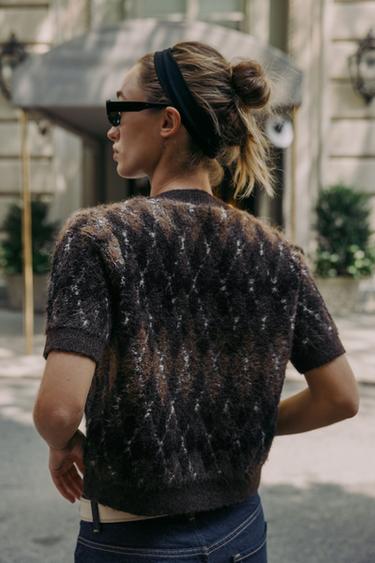 ARGYLE KNIT SHORT SLEEVE CARDIGAN - Brown by Zara - Image 2