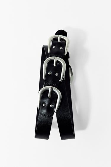 CINTURÓN PIEL MÚLTIPLES HEBILLAS - Negro de Zara