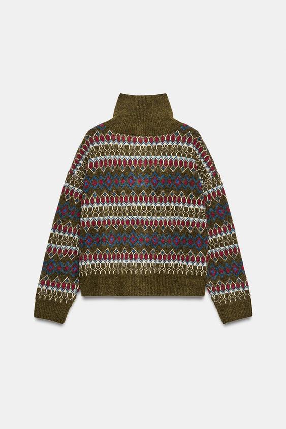 VESTE EN MAILLE JACQUARD - Vert olive de Zara - Image 7