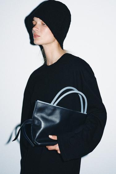 Zara LEATHER FLAP BAG - Navy Blue