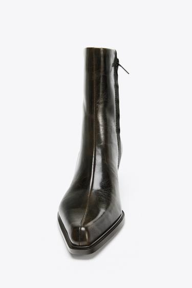 LEATHER KITTEN HEEL ANKLE BOOTS - Brown by Zara - Image 3