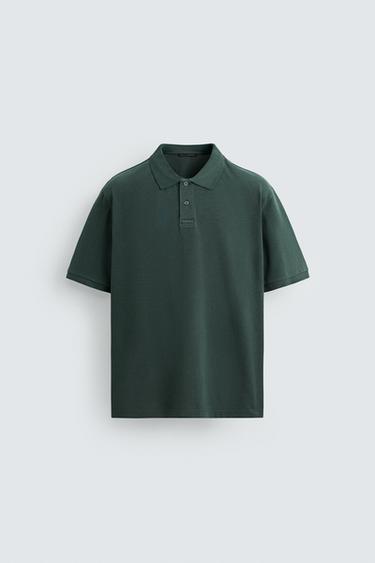 Zara WASHED TEXTURED PIQUÉ POLO SHIRT - Washed green