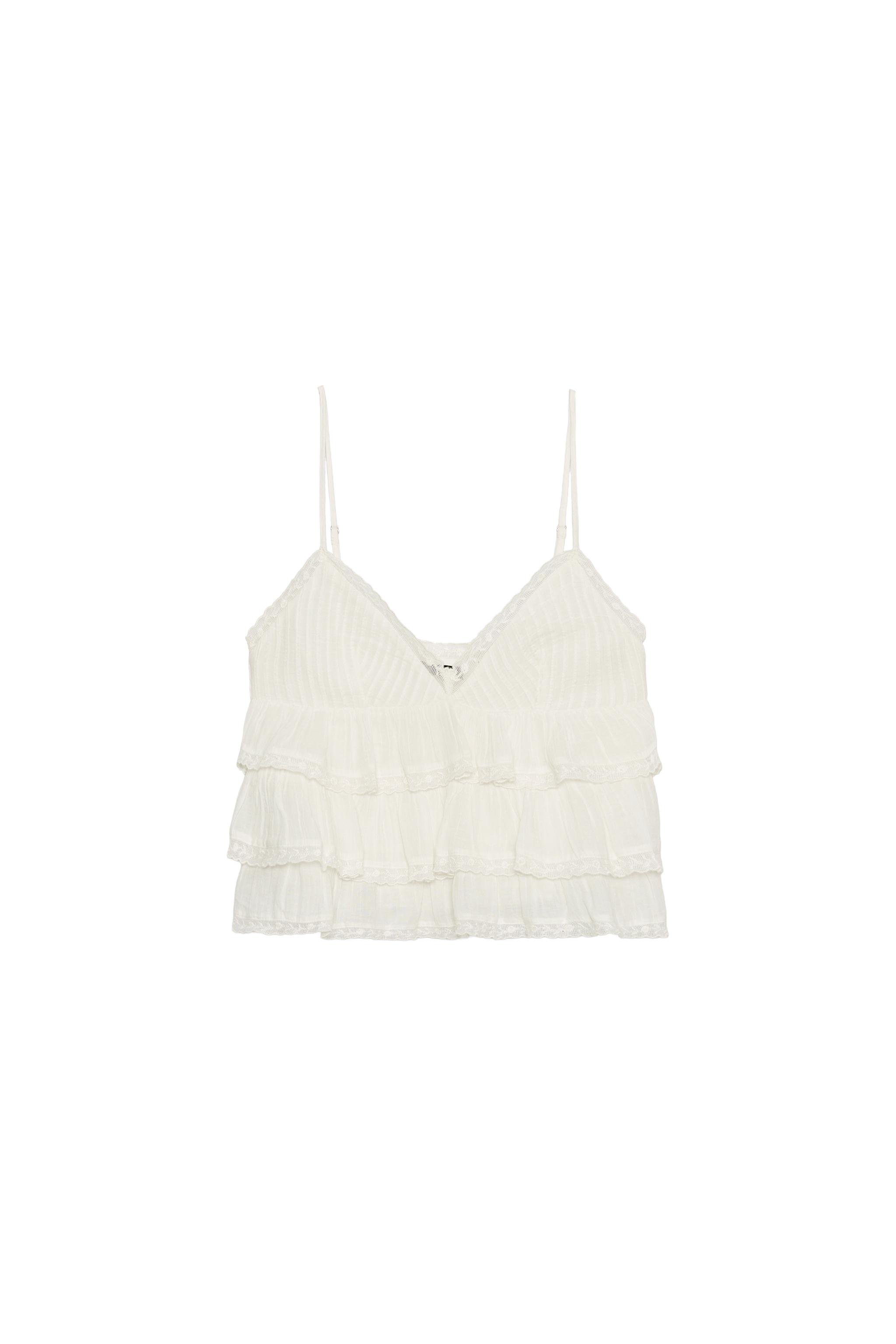 EMBROIDERED RUFFLED CHIFFON TOP - Oyster-white | ZARA United States