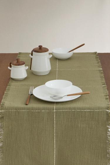 COTTON TABLE RUNNER WITH CONTRAST STRIPE - Green by Zara - Image 1