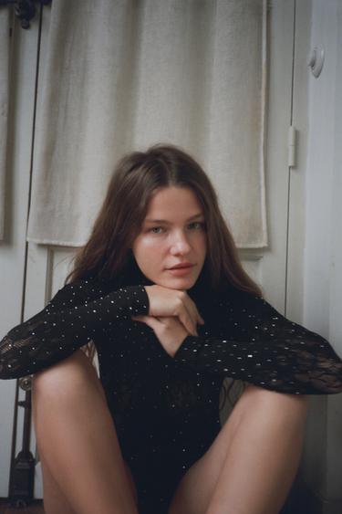 SEAMLESS LACE BODYSUIT WITH RHINESTONES - Black by Zara