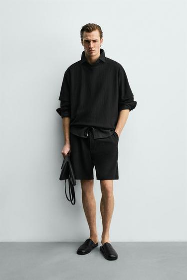 Zara TEXTURED JOGGER SHORTS - Black