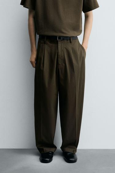 RELAXED FIT PLEATED TROUSERS - Light khaki by Zara