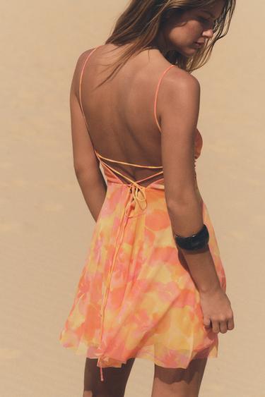 KURZES KLEID MIT TÜLL UND PRINT - Orange von Zara