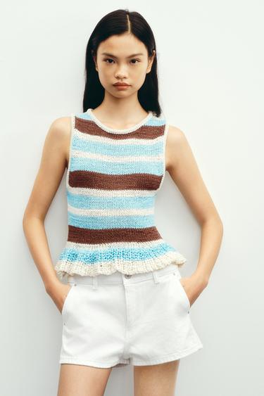 Zara 條紋荷葉邊針織上衣 - 多色