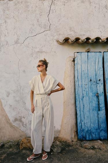STRIPED JUMPSUIT WITH BELT - Ecru / Blue by Zara - Image 0