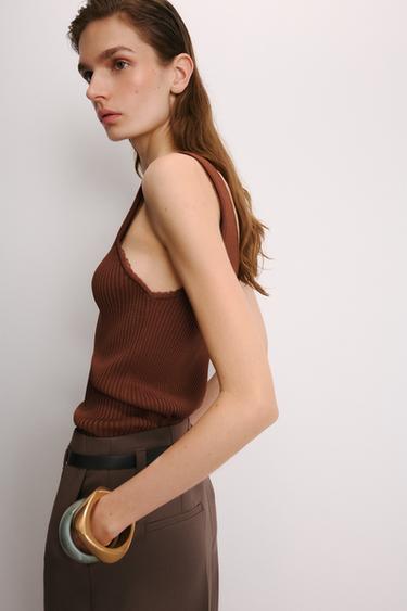Zara LACE TRIM RIB TOP - Mocha