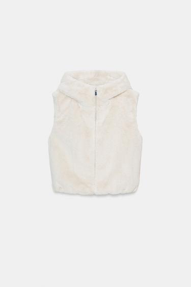 Zara 人造皮草連帽背心 - 裸色