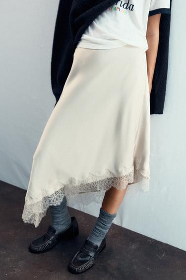 SATIN LACE SKIRT - Grey / Beige by Zara