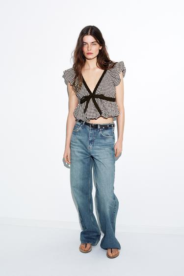 GINGHAM PUFF SLEEVE TOP WITH BOW - Brown / Ecru by Zara