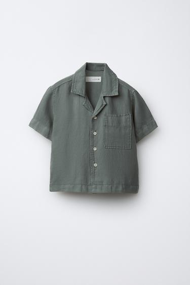 قميص بياقة بولينغ منسدل مع كتان - بحري by Zara - Image 0