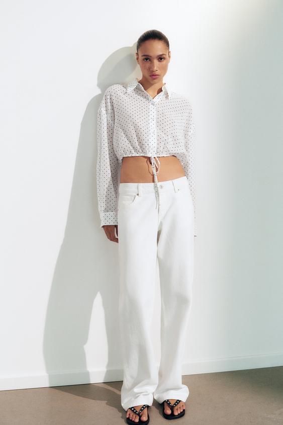 CAMISA GASA CROP CORDÓN AJUSTABLE LUNARES - Negro / Blanco de Zara - Imagen 0