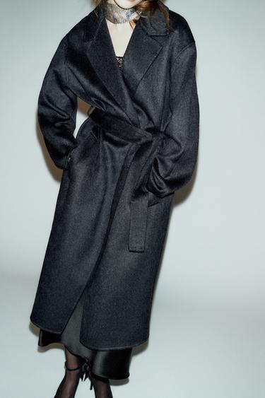 LONG WOOL COAT WITH BELT - Dark grey by Zara