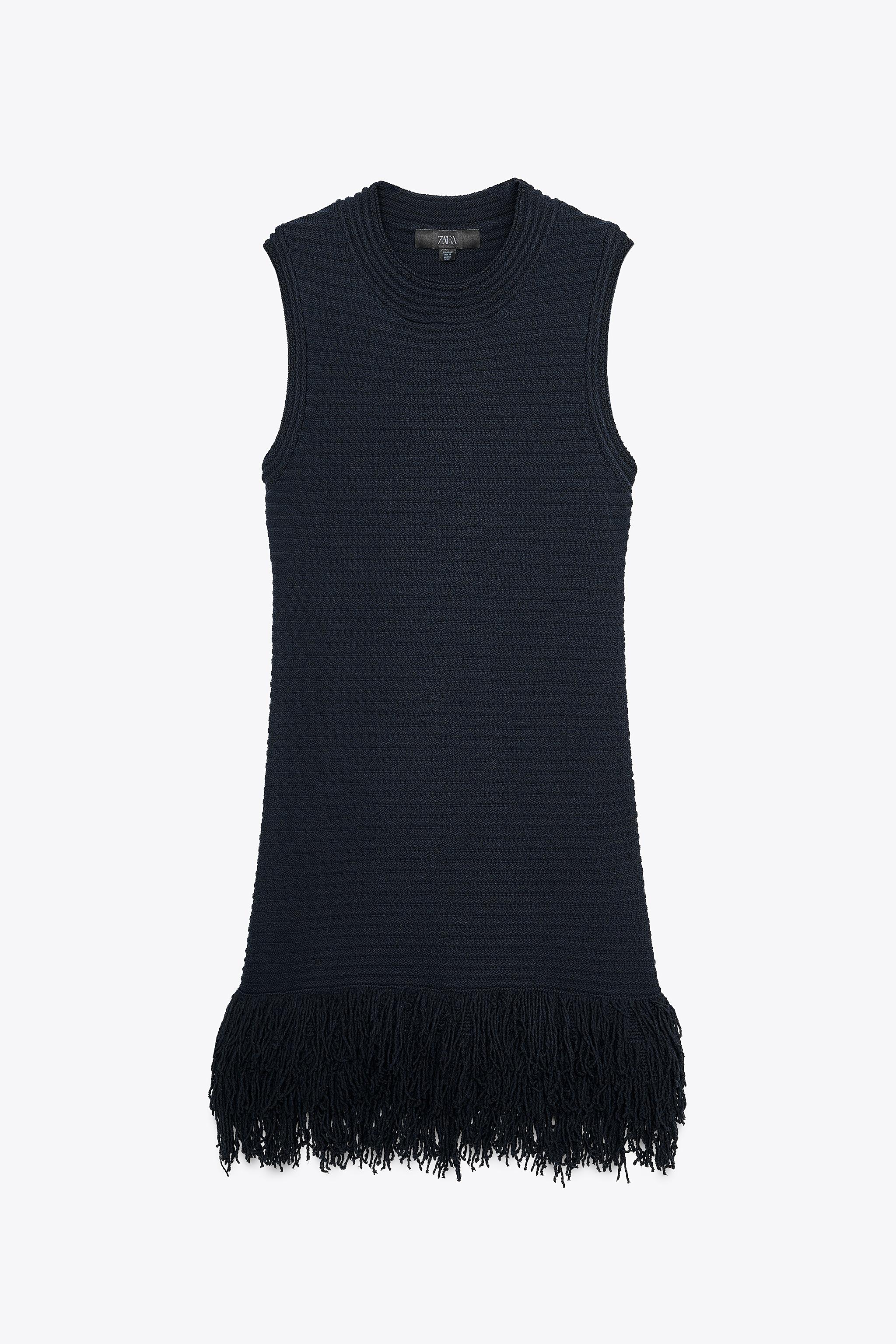 【ZARA】フリンジ付きチェック柄ニットワンピース フリンジ付きチェック柄ニットワンピース - ネイビーブルー