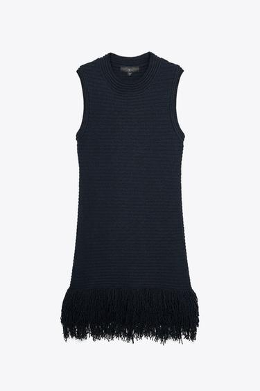 CHECK KNIT FRINGED DRESS - Navy blue by Zara
