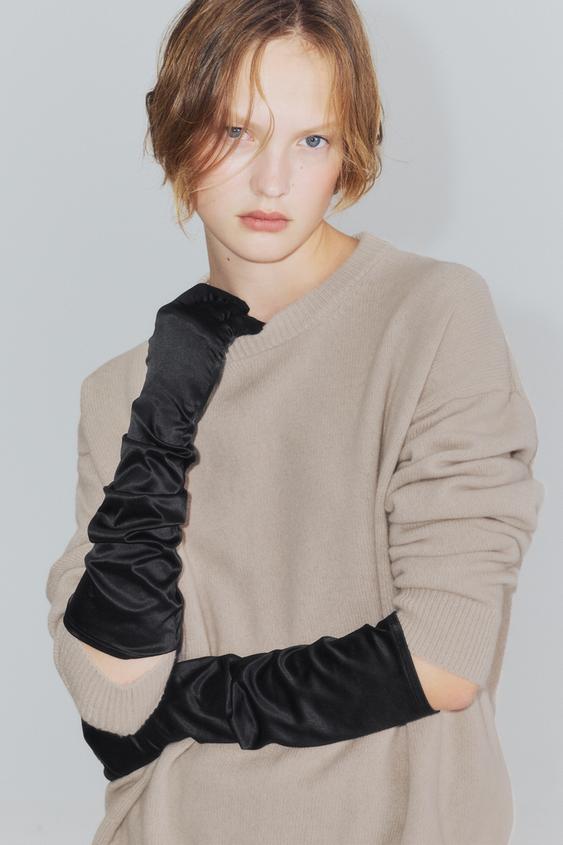 Zara LONG SATIN GLOVES - Black - Image 0
