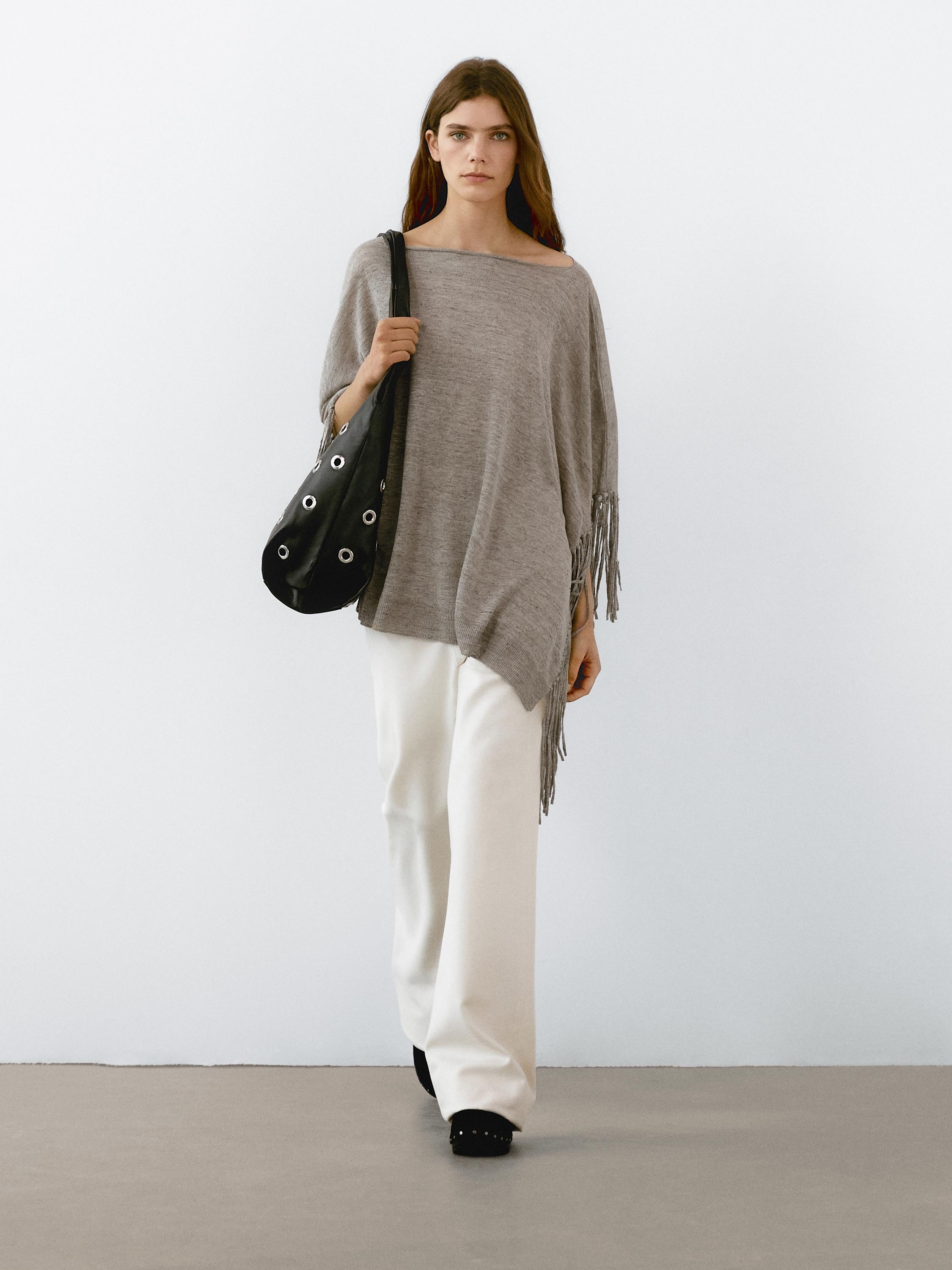 100% linen melange cape with fringing - Gray | ZARA United 100% linen melange cape with fringing - Gray | ZARA United