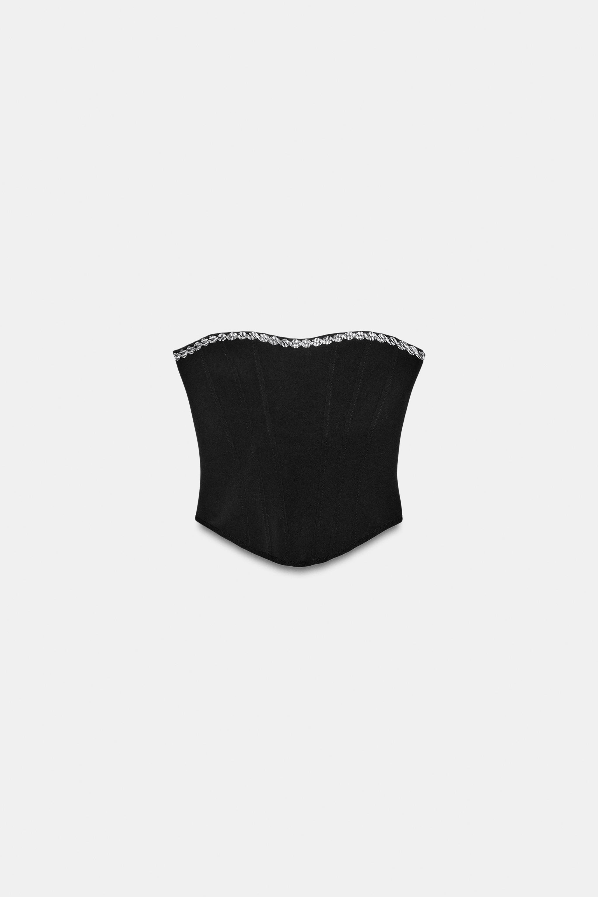CORSETRY-INSPIRED STRETCH SHIMMER TOP — Black