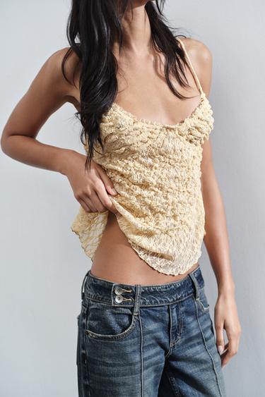 TOP DENTELLE PLISSÉE - Jaune pastel de Zara - Image 1