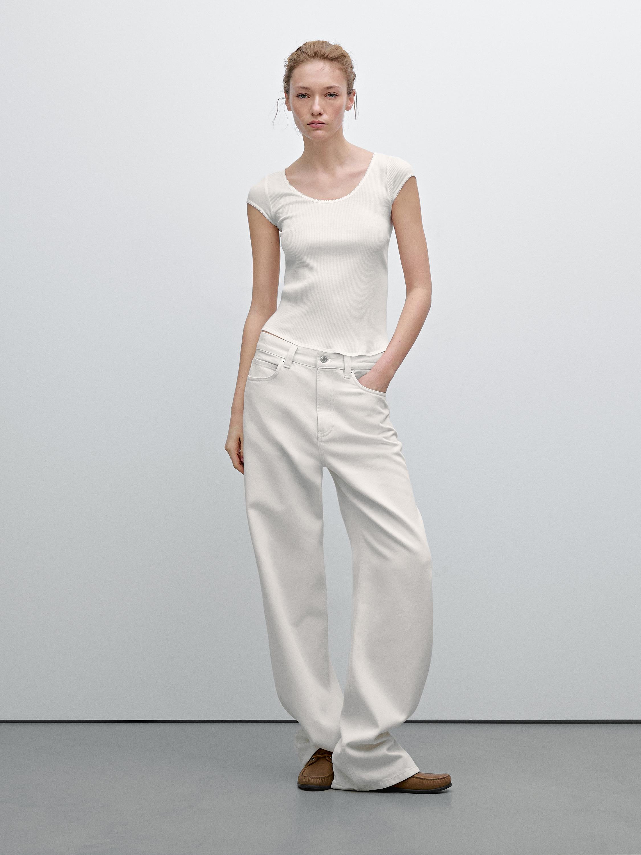 Cotton T-shirt with lace trim detail - Oyster-white | ZARA Cotton T-shirt with lace trim detail - Oyster-white | ZARA