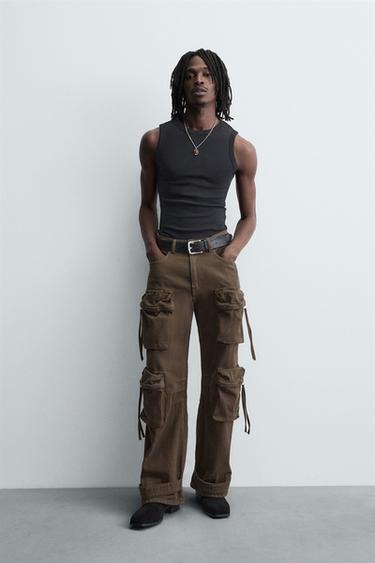 DENIM CARGO TROUSERS WITH POCKETS - Brown by Zara - Image 0
